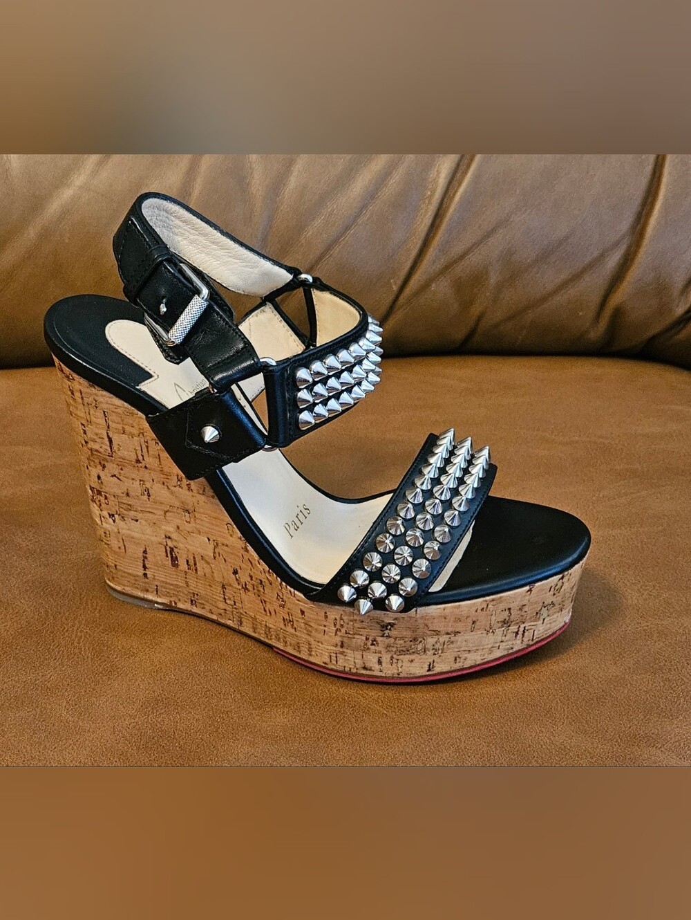 Christian Louboutin Black Leather Spikes-Studded Wedge Sandals Size 4.5 US - Picture 7 of 16